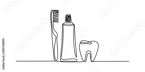 Minimalist continuous line art illustration featuring a toothbrush toothpaste and a human tooth Vector, illustration