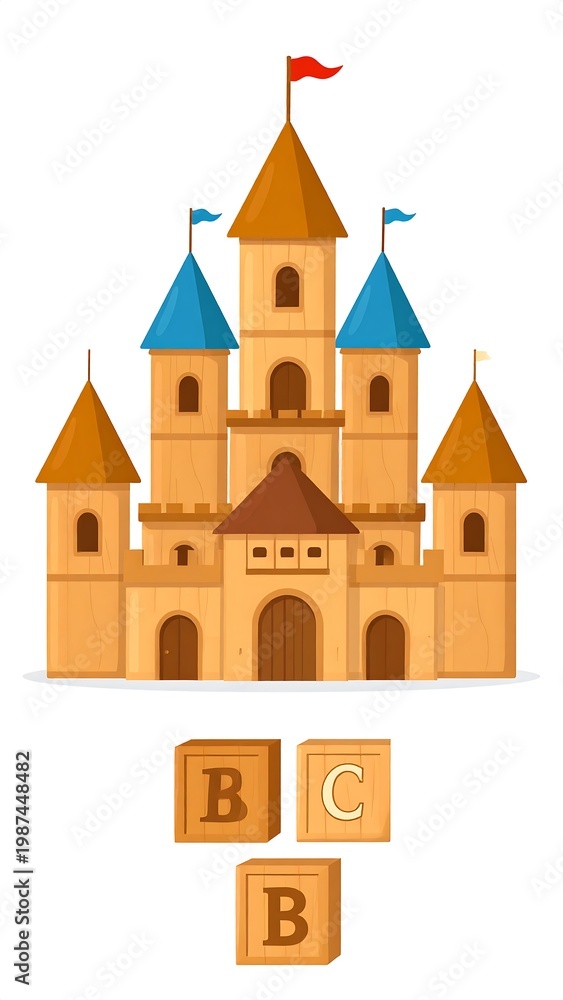 Fototapeta premium A cartoon-style, light brown castle with blue and red flags, and brown turrets. Wooden blocks with the letters 'B', 'C', and 'B' are below