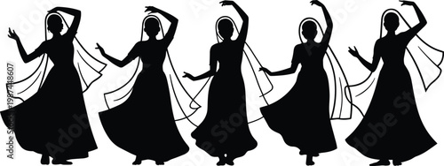 Silhouette of five belly dancers in various poses on white background