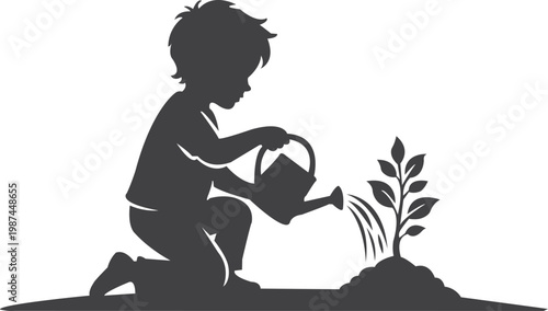 Child watering a small plant with watering can, side view silhouette