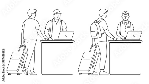 A person with luggage checks in at a counter with a laptop while another person stands behind.