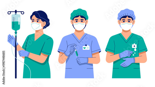 A diverse group of three medical personnel in blue scrubs and protective gear are meticulously preparing treatments.