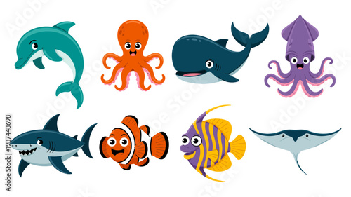 A colorful collection of cartoon sea creatures, including a dolphin, octopus, whale, shark, and fish, swim gracefully.