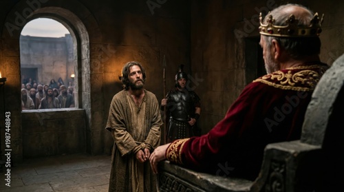 Jesus standing before Herod Antipas in a stone palace hall. The bound prisoner facing the ruler on a throne. Biblical scene depicting the trial of Christ for Easter and faith themes.