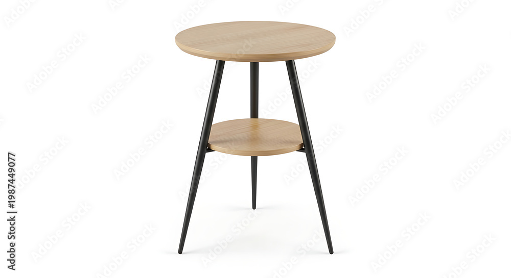 Fototapeta premium Modern round wooden table with black legs on a white background