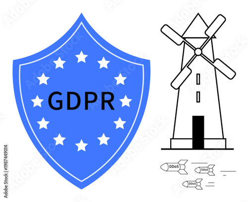 Data security, GDPR compliance, cyber threats, DDoS attacks, regulatory frameworks, conceptual privacy. Blue shield with GDPR text, windmill with DDoS missiles. Data security and GDPR compliance ion
