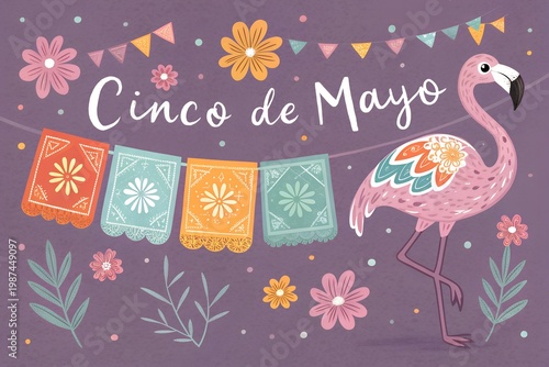 Festive cinco de mayo illustration with flamingo and colorful bunting