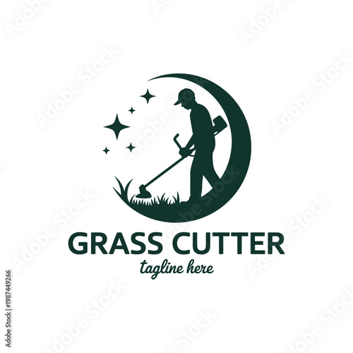 Man with grass cutter mowing lawn with stars and crescent moon symbol for lawn care service and garden maintenance.