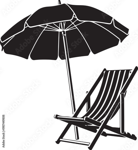 Beach chair, umbrella, black, vector, illustration, summer, outdoor, furniture, icon