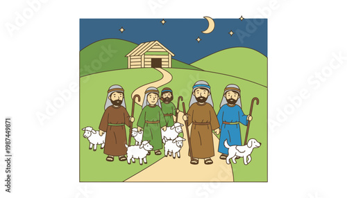 Shepherds walking with sheep under a starry night sky near a hut