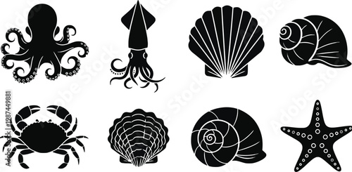 Seafood icon set featuring various ocean creatures and shells in silhouette