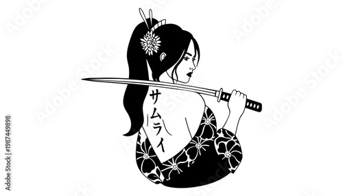 A samurai woman holding a sword in a traditional Japanese illustration