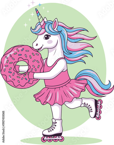 Cute cartoon unicorn in a pink dress and roller skates holding a giant pink donut.