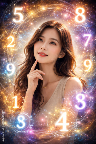 Mystical Vision: A captivating portrait of a thoughtful woman surrounded by glowing numbers, symbolizing the mysteries of numerology and divination.