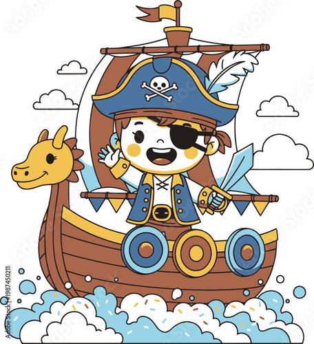 A cute cartoon pirate boy with an eyepatch and sword, waving from his dragon-prowed ship.