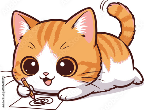 Adorable orange and white cartoon kitten with large kawaii eyes, happily drawing with a pencil while wagging its striped tail.
