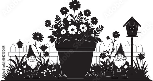 Black and white garden gnomes, flower pot, birdhouse, floral illustration, vector clip art