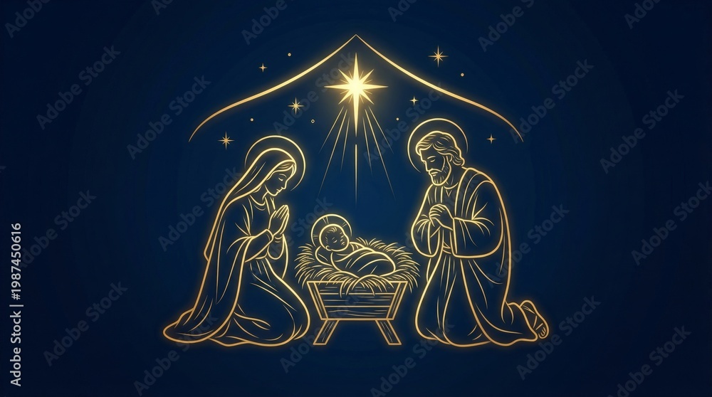 Obraz premium Nativity scene with woman Mary and man Joseph kneeling by baby Jesus in manger. Golden line art illustration on blue background. Christian Christmas holiday religious worship concept.