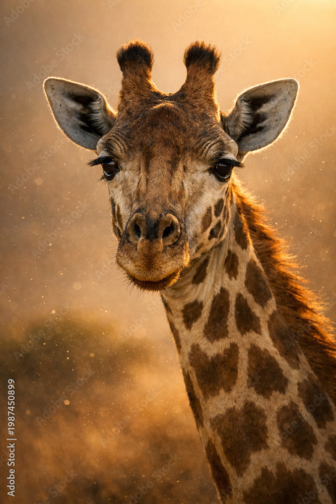Obraz premium The Giraffe's Gaze: A captivating portrait of a giraffe, its intricate coat and gentle eyes set against a soft, sunlit backdrop. Experience the majesty of the animal kingdom.