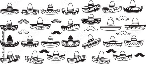  A set of black and white illustrations of sombreros and mustaches on a white background