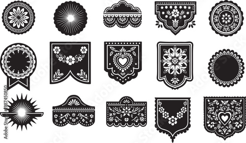 Collection of lack and white floral design elements with ornate patterns and shapes for decoration and embellishment isolated on white background
