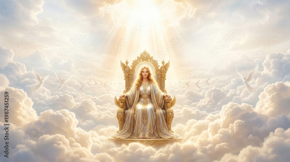 Fototapeta premium Woman as a heavenly queen sitting on a golden throne in the clouds. Religious concept of divine power and glory in heaven. Spiritual depiction of a celestial being in light and peace.