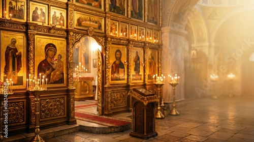 Interior of an orthodox church with gilded iconostasis and burning candles. Religious temple with christian icons. Sacred place for prayer, meditation and worship. Spiritual atmosphere.