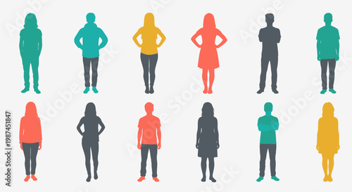 Diverse group of colorful human silhouettes standing in various poses.