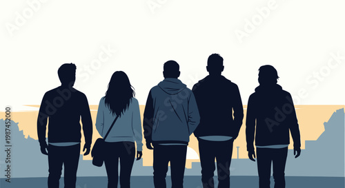 Group of friends standing together looking out.