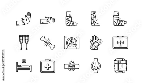 Fracture 15 icon set orthopedic injury bone cast medical outline vector