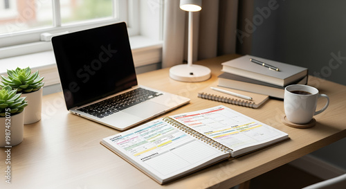 Modern workspace with laptop, coffee, and planner on a wooden desk by the window