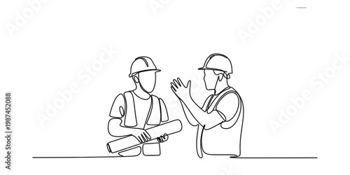 Continuous line drawing of two construction workers in hard hats discussing a project blueprint Vector, illustration