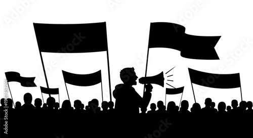 Silhouette of a person speaking through a megaphone at a protest rally.