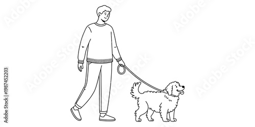 A young man taking a pleasant walk with his fluffy pet dog while holding onto a leather leash tight Vector, illustration