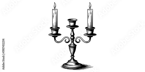 An elegant sketch of a vintage three-armed candelabra holding two lit candles on white background Vector, illustration