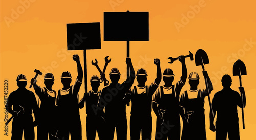Silhouette of workers protesting with tools and signs.