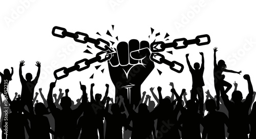 Silhouettes of people celebrating freedom and breaking chains.