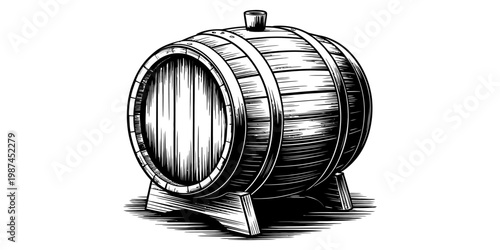 A detailed illustration of a wooden wine barrel resting on a wooden stand in black and white style. Vector, illustration