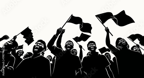 Silhouettes of people protesting with flags in a powerful demonstration.