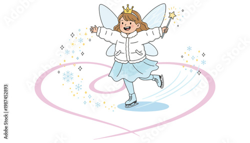 A fairy girl ice skating in a heart shaped rink with sparkles