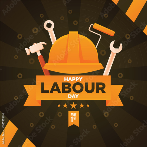 A colorful illustration celebrates labour day with construction tools and a helmet