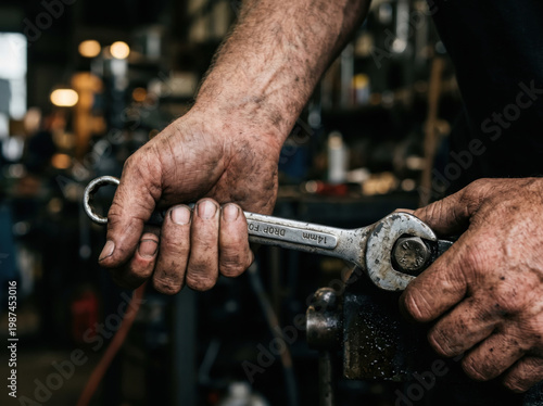 Closeup of a persons dirty hands holding a wrench in a workshop or garage with tools in the background, using it on a bolt