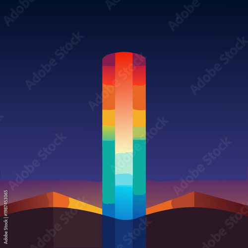 Vibrant rainbow tower at dusk