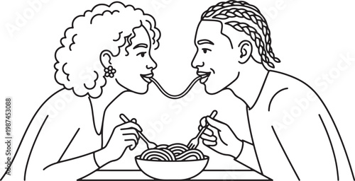 Romantic Couple Sharing Spaghetti Line Art Coloring Page for Kids and Adults Valentines Day