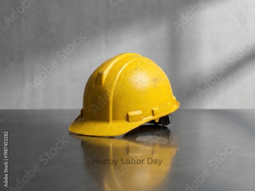 Yellow hard hat on reflective surface with gray background and shadows