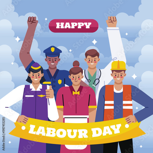 Diverse group of workers celebrate labour day with raised fists