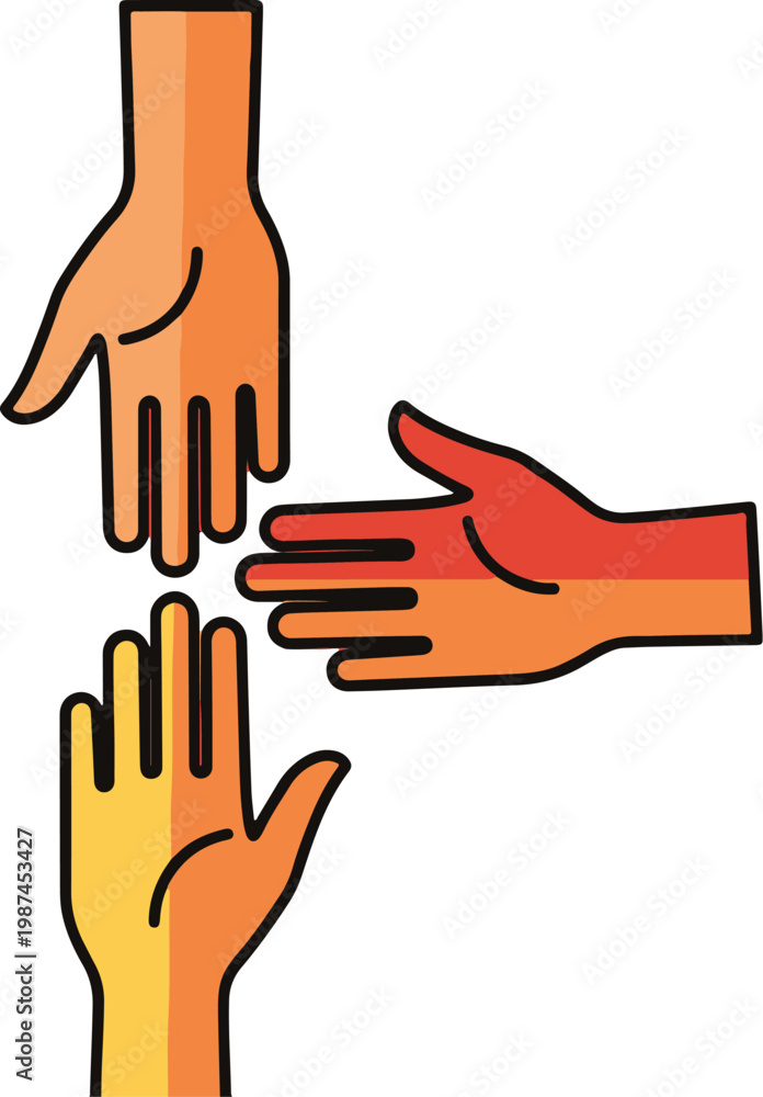 Obraz premium Three colorful stylized hands with warm gradients reaching together in a gesture of unity and cooperation.