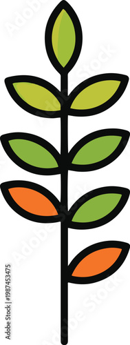 Stylized plant sprig illustration with colorful green and orange leaves and a bold black outline.