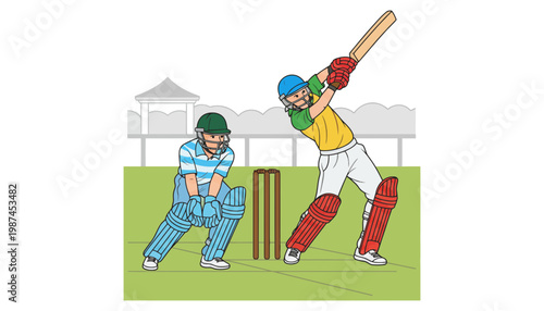 Cricket player hitting ball with bat on green field with teammate