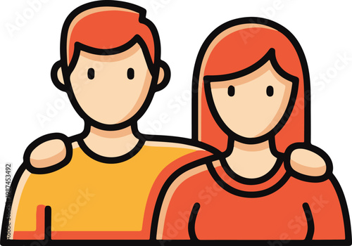 Stylized flat icon of a young couple with red hair, arms around each other in an affectionate pose.